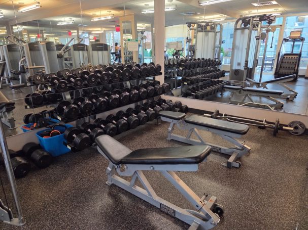 Weights Dumbbells and benches arranged in a well-lit gym setting.