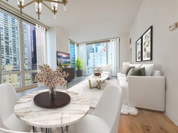 Living room Modern living room with a marble table, white sofa, and large windows showing a city view.
