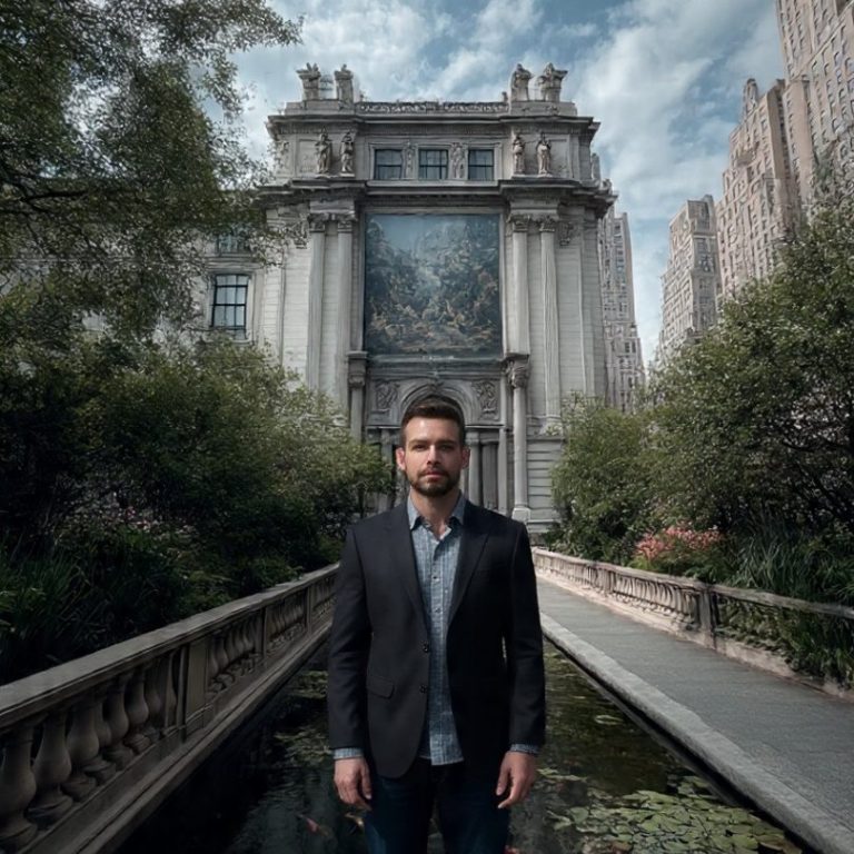 Museum Miles A man in a suit stands in a garden with a grand building in the background.